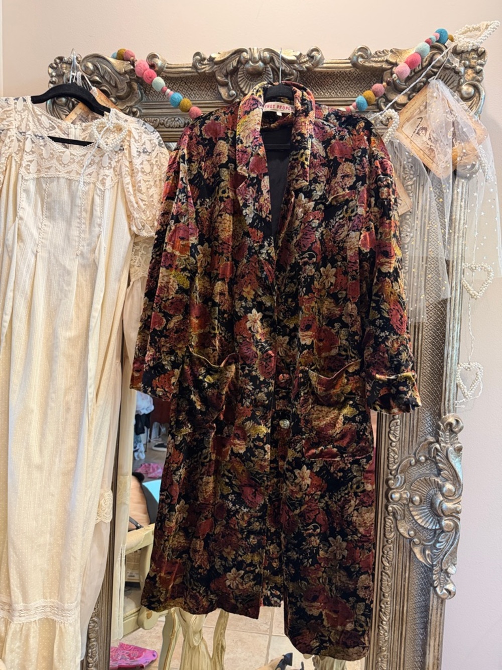 Free People Simone Velvet Duster Small Black Gold Orange Tan